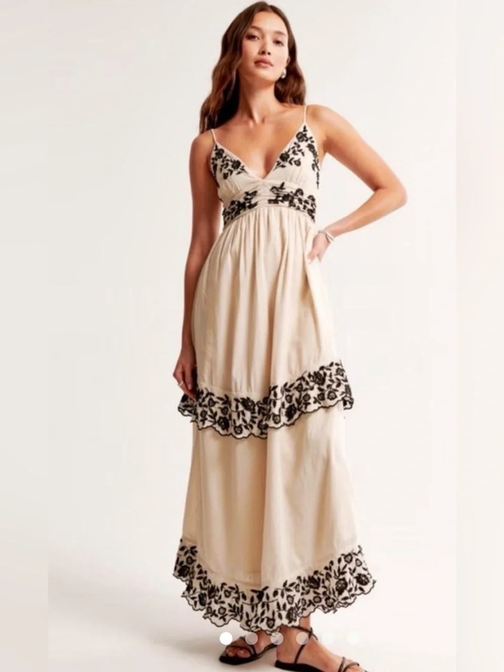 Abercrombie & Fitch cream maxi dress w/   black floral embroidery